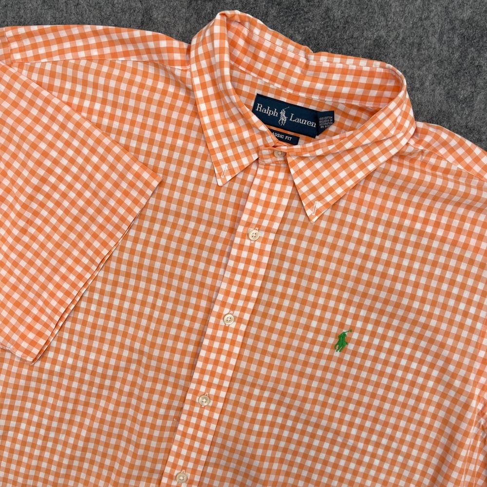 Polo Ralph Lauren Shirt Mens 2XL Orange Gingham Check Short Sleeve Classic Fit